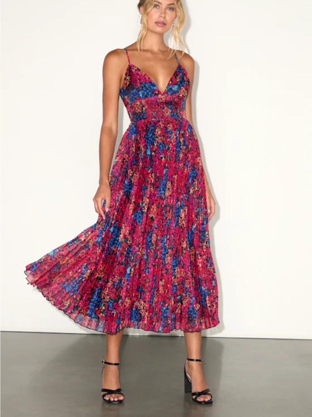 Lulu's Multi-Colored Floral Pleated Midi Dress
